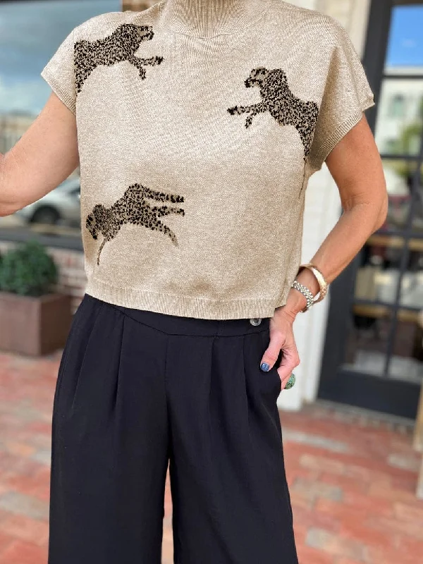 Apricot Cheetah Print High Neck Short Sleeve Sweater - Southern Belle Style Glossy Satin Silk