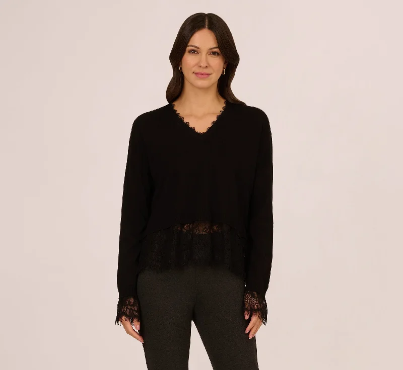 V Neck Lace Trim Twofer Sweater In Black Anti-Pilling Anti-Shrink Durable