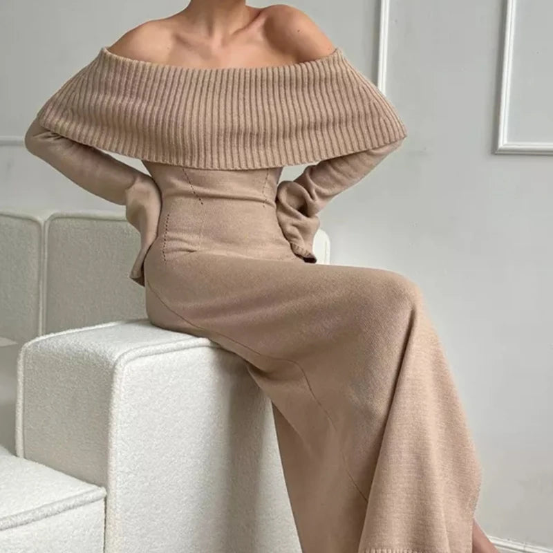 GETADME 2024 Knitted Sweater Dress For Women Autumn Winter Elegant Slash Neck Long Flare Sleeved High Waist Split Maxi Street Dress Real Fur Shearling Chenille