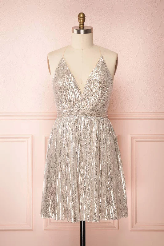Brigitte Silver | Backless Short Sequin Dress