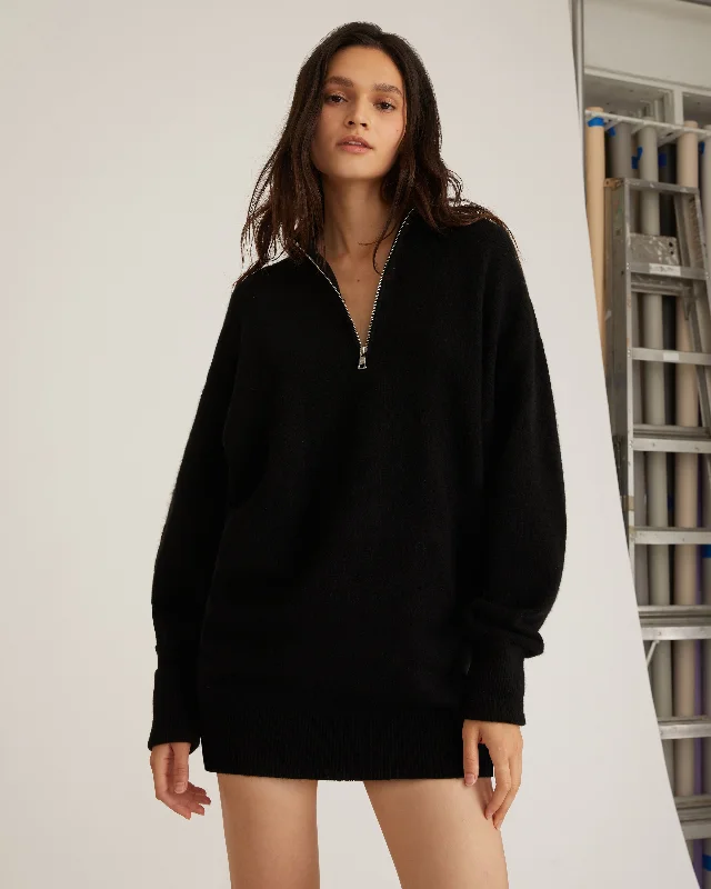 Wesley Slouchy Zip Front Cashmere Blend Sweater Dress in Black Mesh Blend Leather Blend Suede Blend