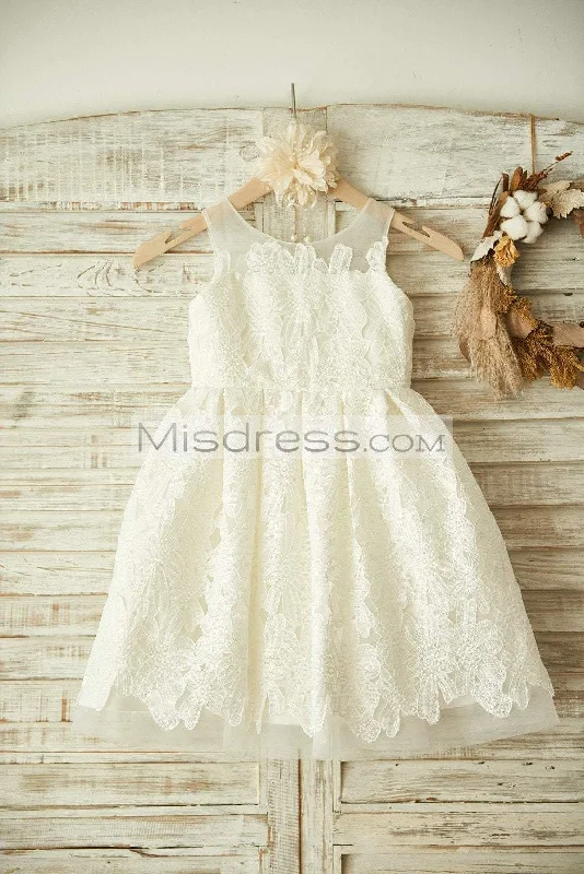 A-line Ivory Lace Tulle Scoop Neck Wedding Flower Girl Dress