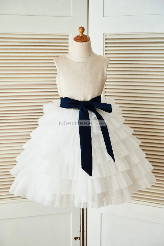 V Back Champagne Satin Ivory Tulle Wedding Flower Girl Dress, Belt