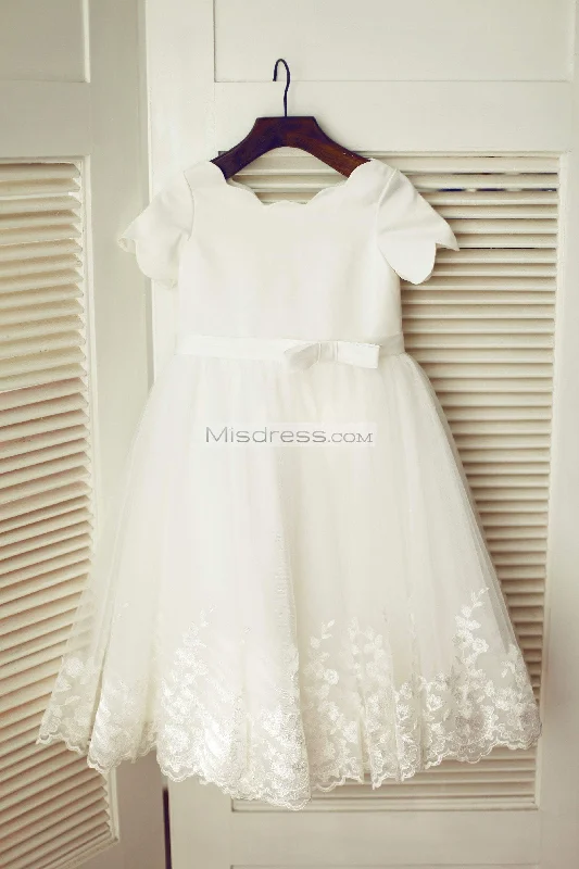 Princess Ivory Satin Lace Tulle Short Sleeves Wedding Flower Girl Dress