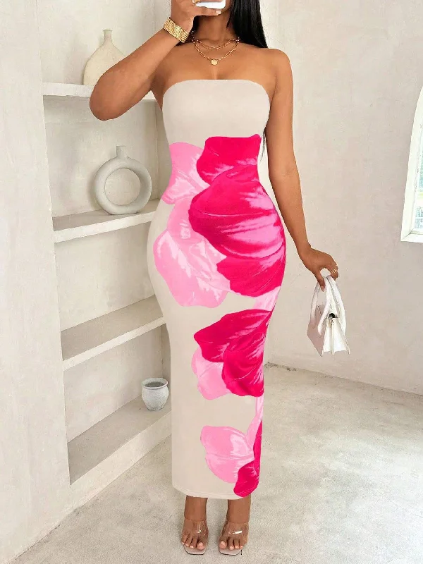 Pphmm going out outfits New SheIn Women Slim off Shoulder Contrast Color Floral Print Elegant Fashion Dress