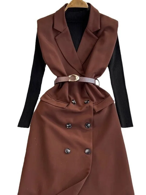 Znbbw Socialite Commuter In Autumn And Winter Double-Breasted Sleeveless Suit Vest Dress Women's Two-Piece Vertical Collar Sweater Open Front Closed Front Wrap Front
