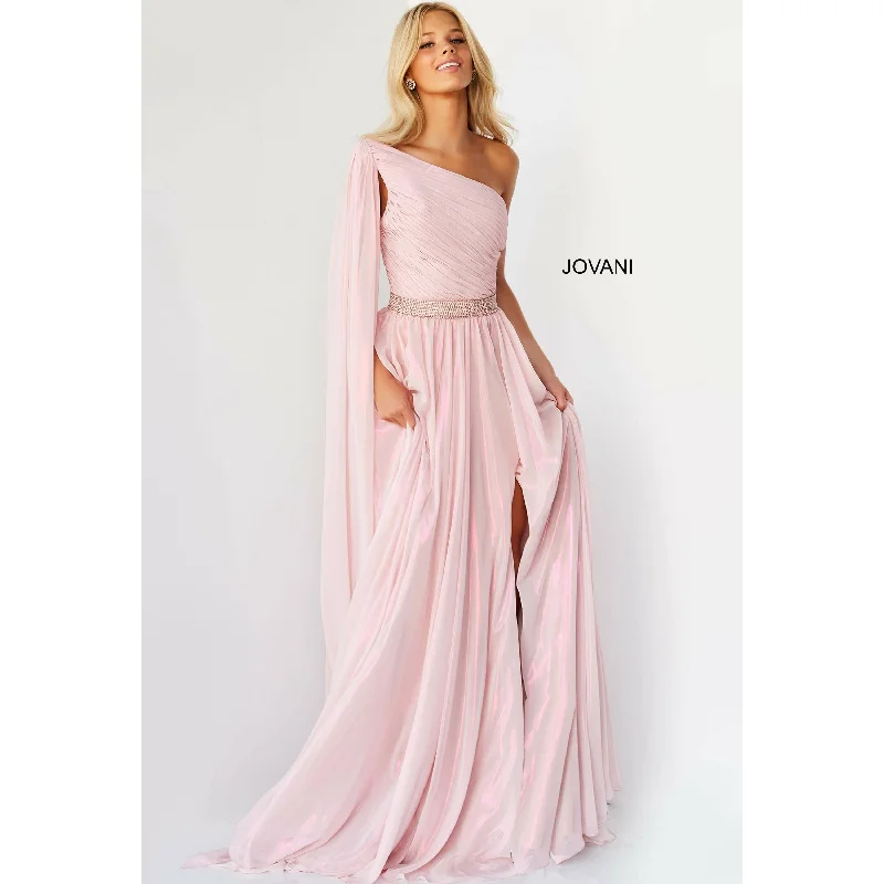 Jovani Light Pink Embellished Belt One Shoulder Prom Dress 07248