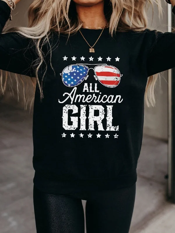 All American Girl Black Flag Print Long Sleeve Sweater Handmade Hand-knitted Hand-woven