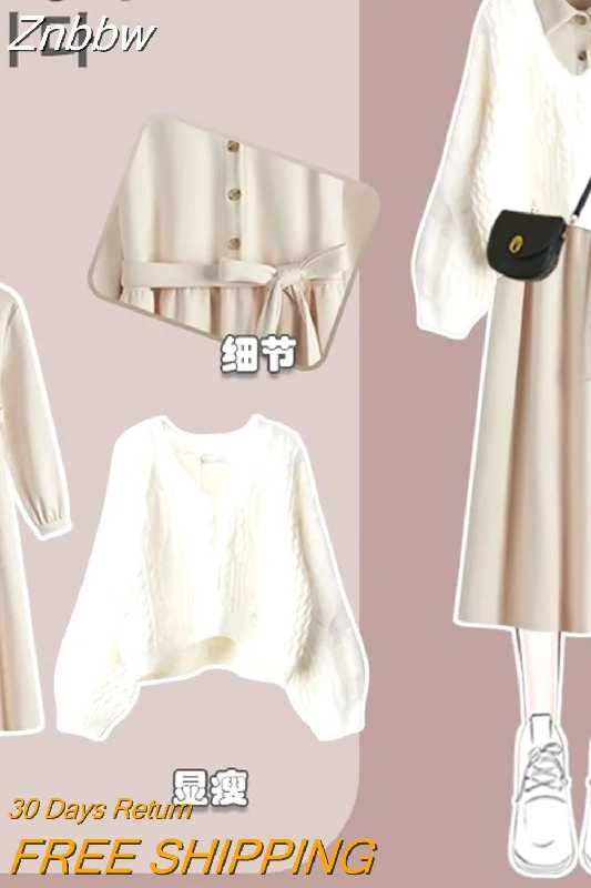 Znbbw Size Women's Clothing Spring Autumn Suit Women's 2023 New Knitted Sweater Women's All-Match Dress Two-Piece Set Mesh Blend Leather Blend Suede Blend