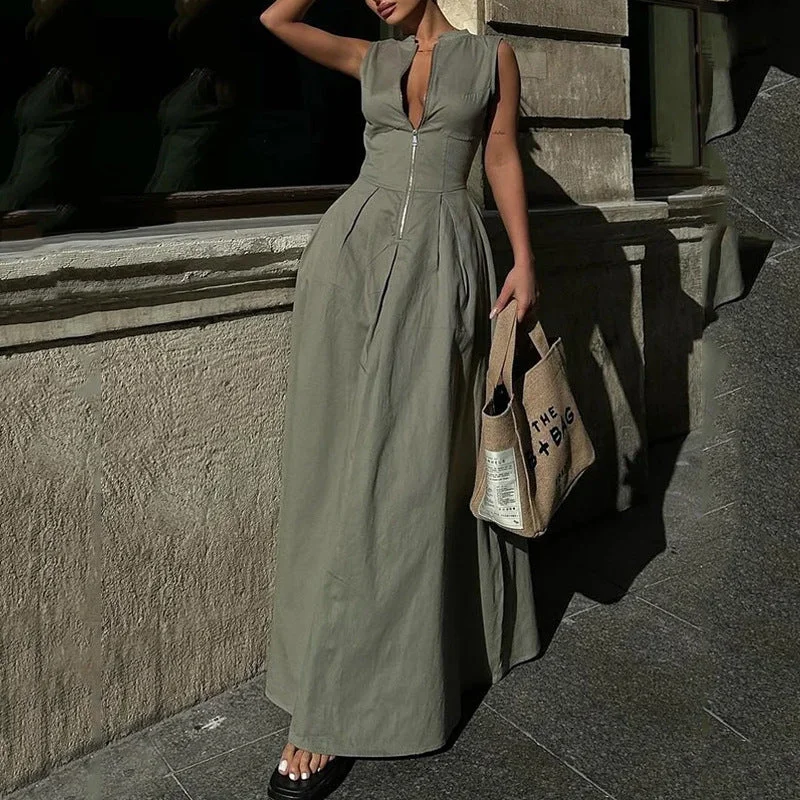 Pphmm 2000s fashion New Fashion Ladies Fashion Casual Sleeveless Solid Color Waist Dress