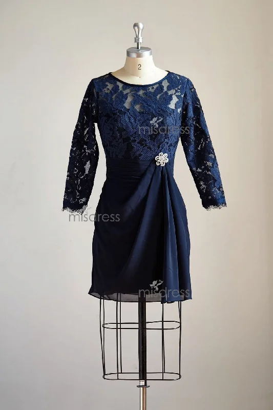 Long Sleeves Navy Blue Chiffon Lace Short Wedding Mother Bride Dress