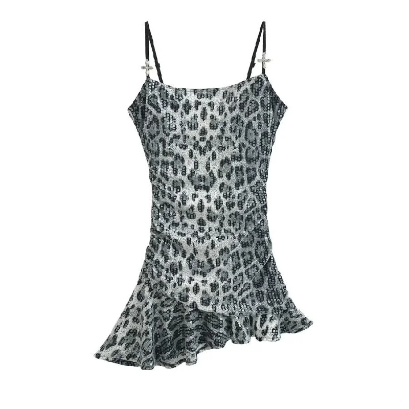 Pphmm outfit inspo Summer New Leopard Print Hot Girl Sexy Sequined Hip Irregular Hem Sling Dress