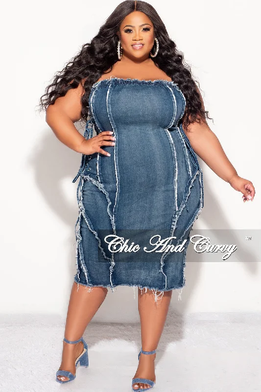 Final Sale Plus Size Strapless Distressed Dress with Lace Up Sides in Denim