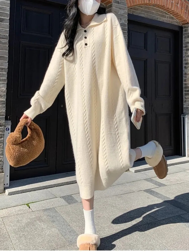 Getadme-Women's Sweater Dress Autumn Winter Korean Edition Loose Relaxed Commuter Thickened Lapel Over Knee Knit Dress Women's Clothing High Neck Crew Neck V-Neck