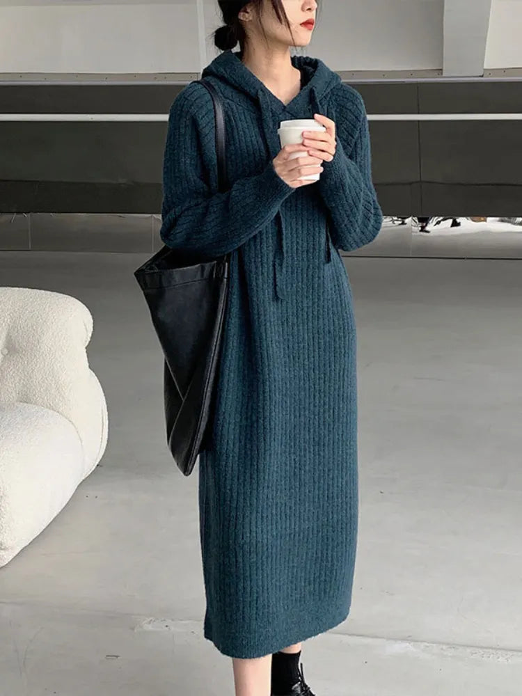 Long-sleeved Dress Autumn Winter Hooded collar LOOSE Sweater Women's Long Over-the-knee Knitted Dress Elegant Women's Sweater Elasticated Padded Insulated