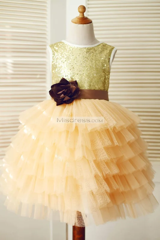 Princess Gold Sequin Champagne Cupcake Tulle Wedding Flower Girl Dress