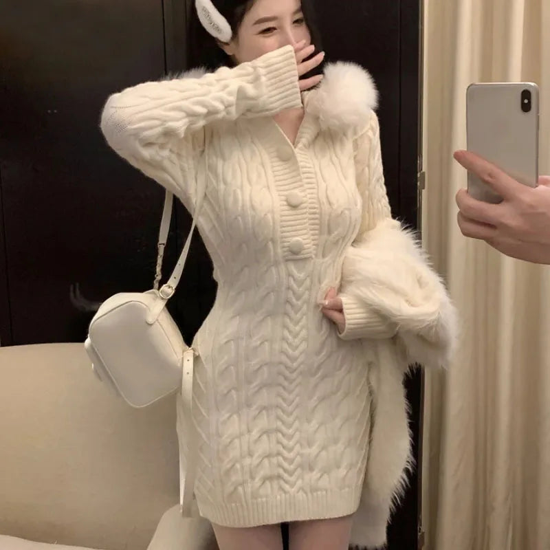 GETADME Autumn Winter Elegant Women Sweater Christmas Red Slim Fur Patchwork Hooded Knitted Dress Female Korean Knitwear Hoodie Tops Ribbed Striped Patterned