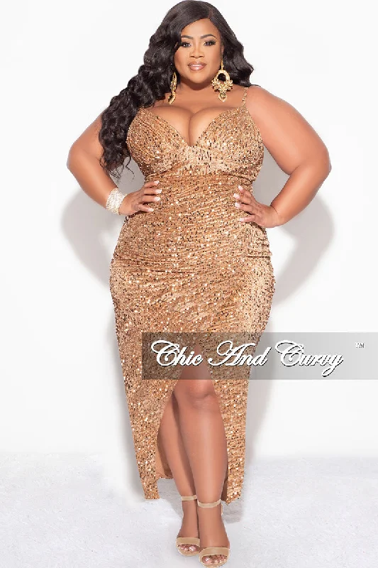 Final Sale Plus Size Sleeveless Velvet Sequin Dress with Side Slit Mocha