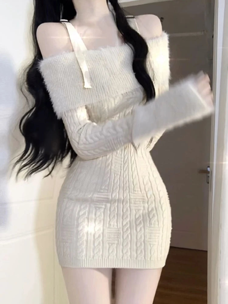 Znbbw Knitted New One Piece Dress Women Off Shoulder Sweet Vintage Y2k Mini Dress Female Korean Fashion Chic Sweater Dresses 2024 Cashmere Blend Cotton Blend Poly Blend