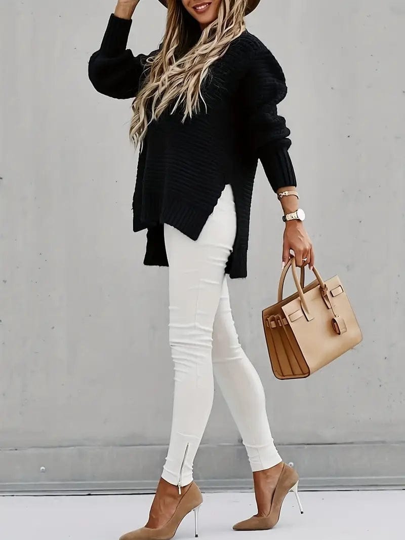 Stylish Waffle Knit Sweater Welt Pockets Slit Pockets Flap Pockets