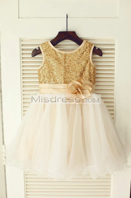 Gold Sequin Ivory Tulle Wedding Flower Girl Dress, Belt/Flower