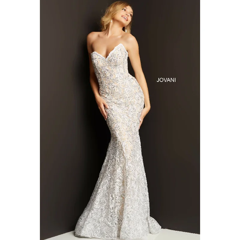 Jovani White Silver Embellished Lace Prom Dress 08215