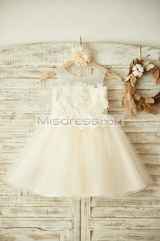 Princess Sheer Neck Lace Champagne Tulle Wedding Flower Girl Dress