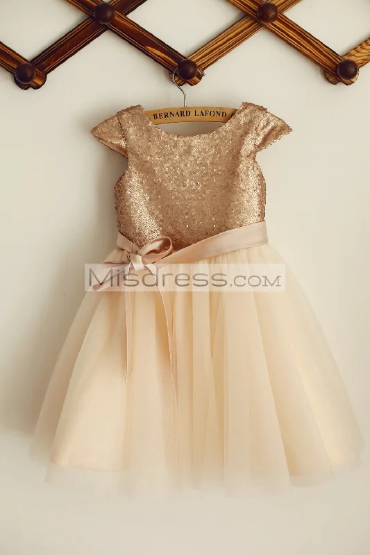 Cap Sleeves Champagne Sequin Tulle Wedding Flower Girl Dress, Belt