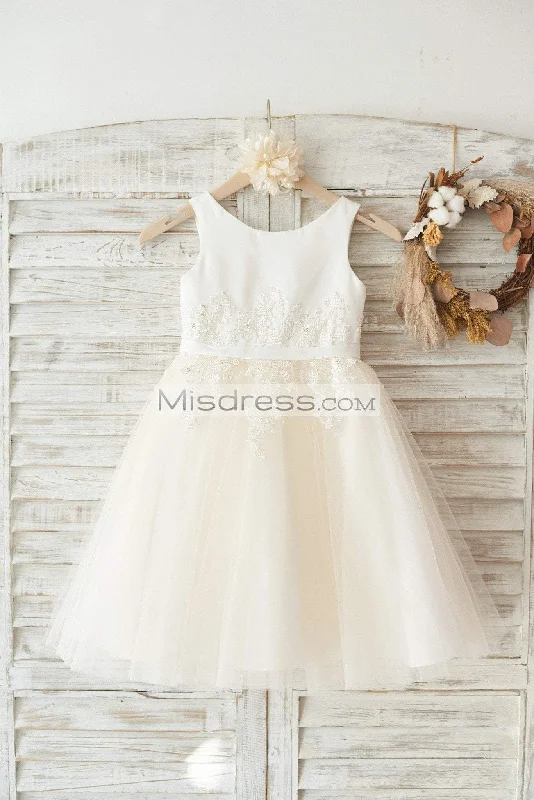 Ivory Satin Champagne Tulle Sleeveless Wedding Flower Girl Dress