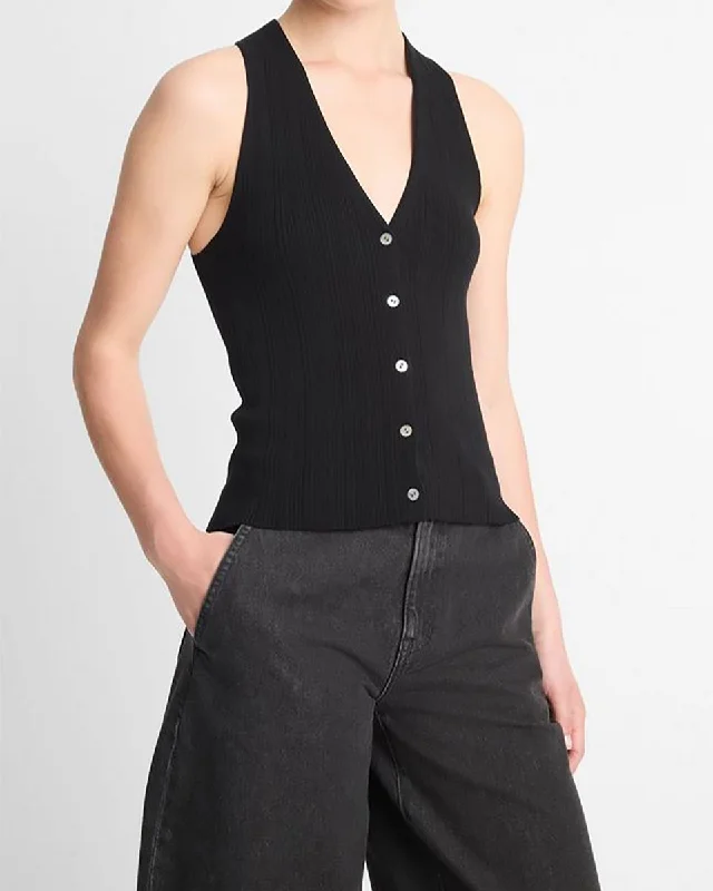 Italian Cotton-Blend Button V-Neck Tank Top solid color tank