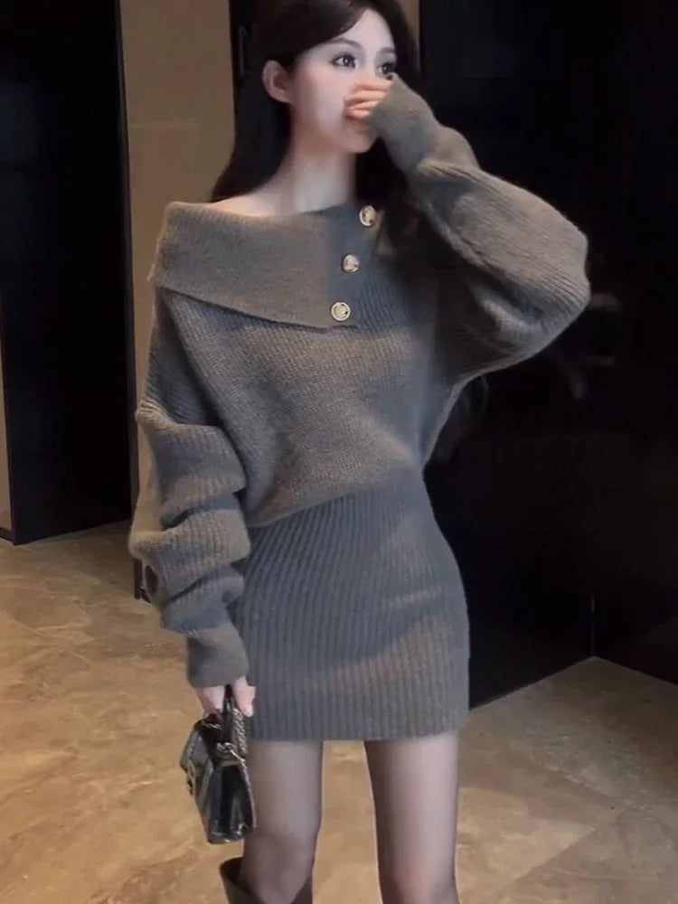 GETADME 2025 New Autumn/Winter Women's Knitted Dress Black Grey Mini Fashion Off Shoulder Bag Hip Sweater Dress A118 Elasticated Padded Insulated