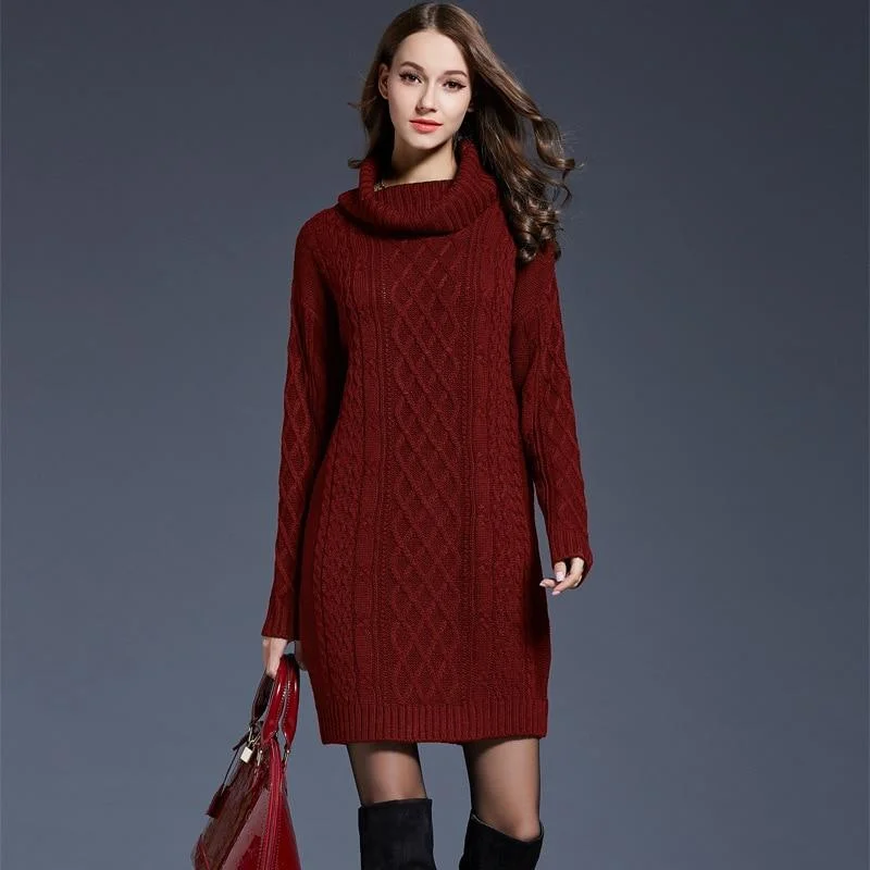 2018 Women Fashion Turtleneck Thick Sweater Dresses Plus Size Casual Sexy Knitted Cotton Autumn Winter Dress Vestidos Layered Multi-layer Single Layer
