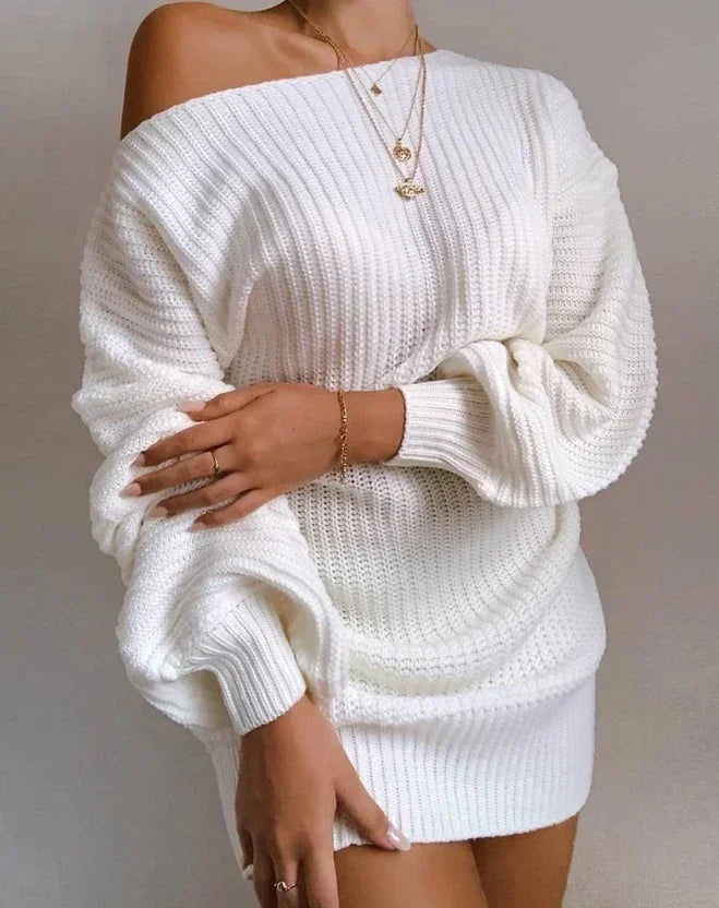 GETADME Womens Dresses Spring Fashion Cold Shoulder Lantern Sleeve Casual Plain Long Sleeve Daily Mini Knit Sweater Dress Woman Clothing Denim Fabric Leather Fabric Suede Fabric