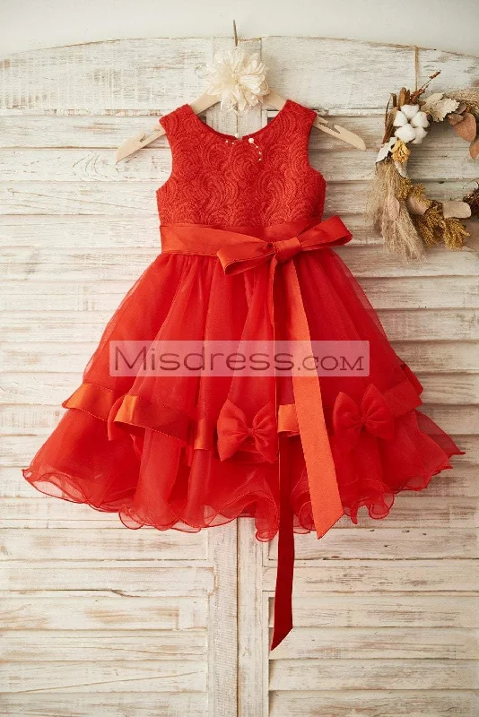 Princess Red Lace Organza Sleeveless Wedding Flower Girl Dress, Belt