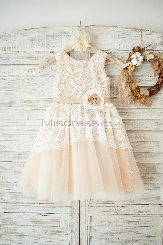 Ivory Lace Champagne Tulle Sleeveless Wedding Flower Girl Dress, Sash