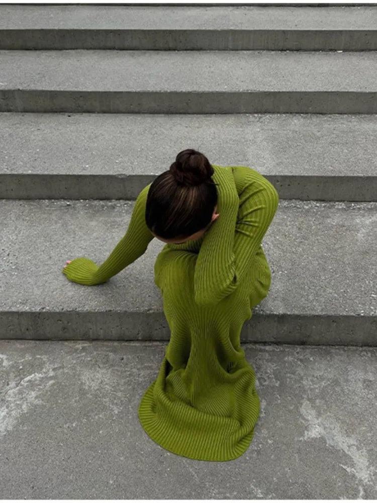 Znbbw Green Ribbed Knitted Dress For Women Fashion Long Sleeve Slim Sweater Dresses 2023 Autumn Winter Party Club Streetwear Tailored Straight A-Line