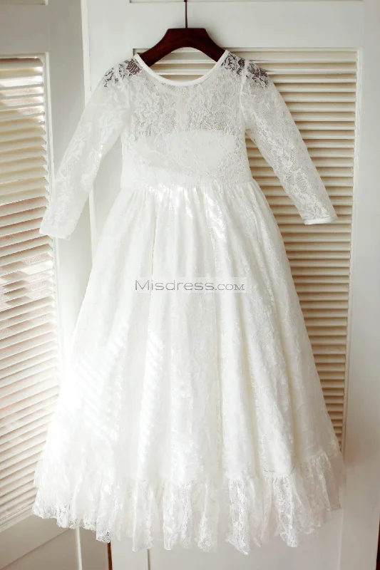 A-line Ivory Lace Long Sleeves Sheer Back Wedding Flower Girl Dress, Sash