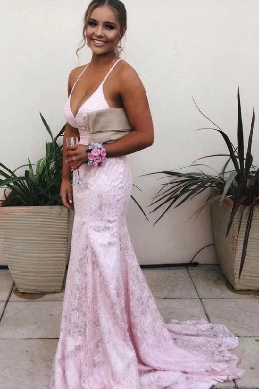 Mermaid Lace Backless V Neck Long Prom Dresses,Cheap Evening Dresses  cg5607