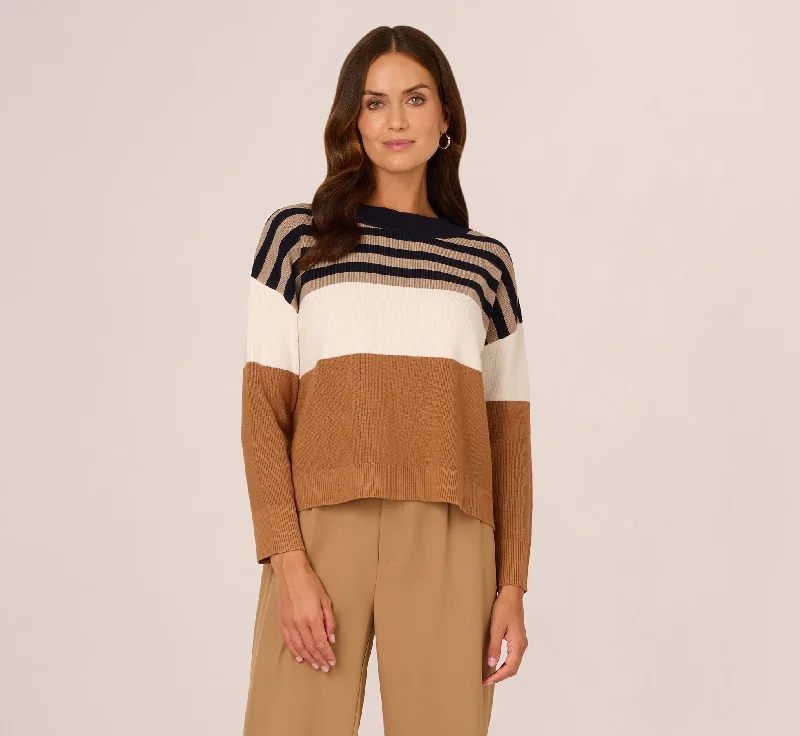 Drop Shoulder Boat Neck Color Blocked Sweater In Bluemoon Htdkoatmealblockmulti Transparent Opaque Sheer