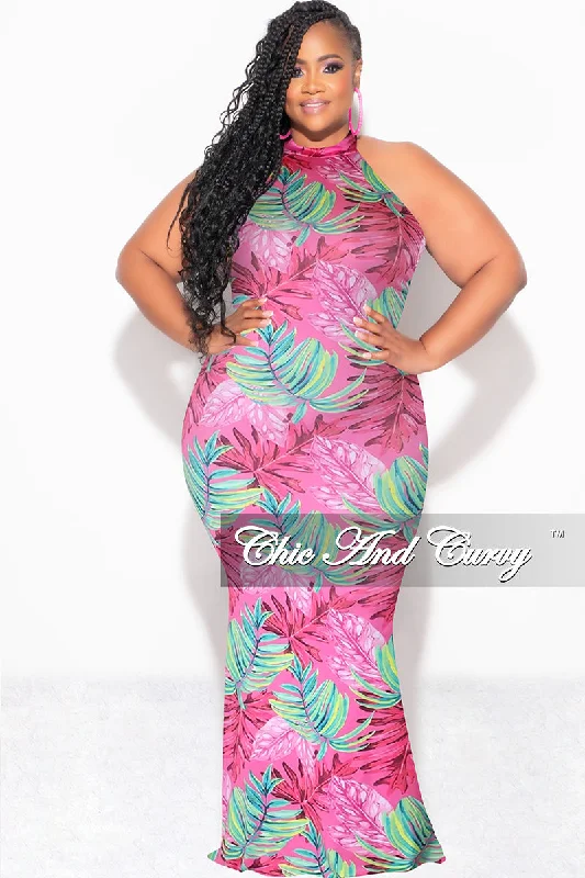 Final Sale Plus Size Halter Neck Sleeveless Mermaid Dress in Pink and Green Leaf Print