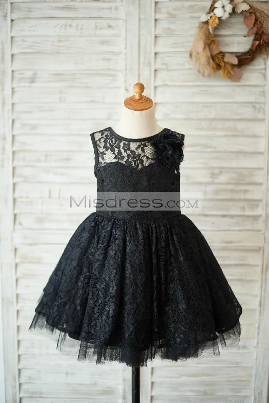 Princess Black Lace Tulle V Open Back Wedding Flower Girl Dress, Flower