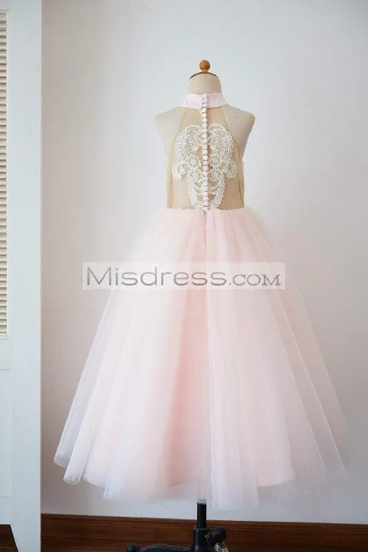 Halter Neck Ivory Lace Pink Tulle Sheer Back Wedding Flower Girl Dress
