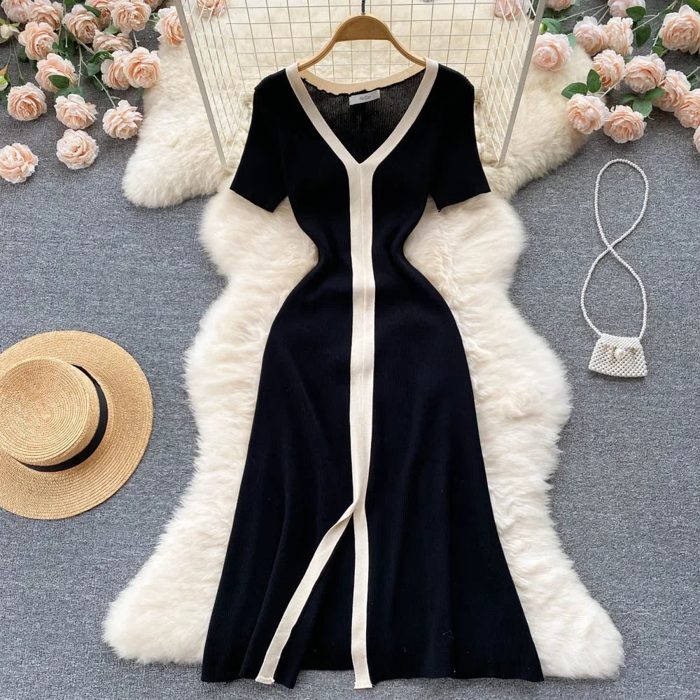 Getadme-Vintage Elegant Short Sleeve Stretch Knit Slim Dress French Fashion Casual Vestidos A-line Basic Autumn Winter Sweater Dresses Real Fur Shearling Chenille