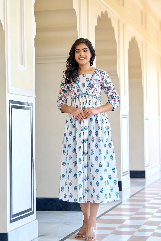 Women White Printed Flared Dress - Rasiya