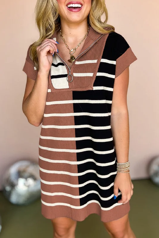 Color Block Quarter Zip Sweater Dress Chenille Brocade Lace