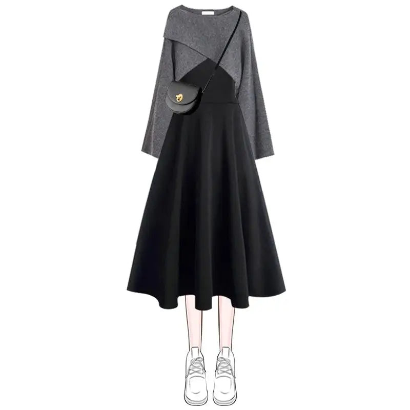 Znbbw Autumn 2023 New Large Size Cross Design Sweater Set Women's Slim Dress Two-piece Set Korean Matching Suit Herringbone Houndstooth Plaid