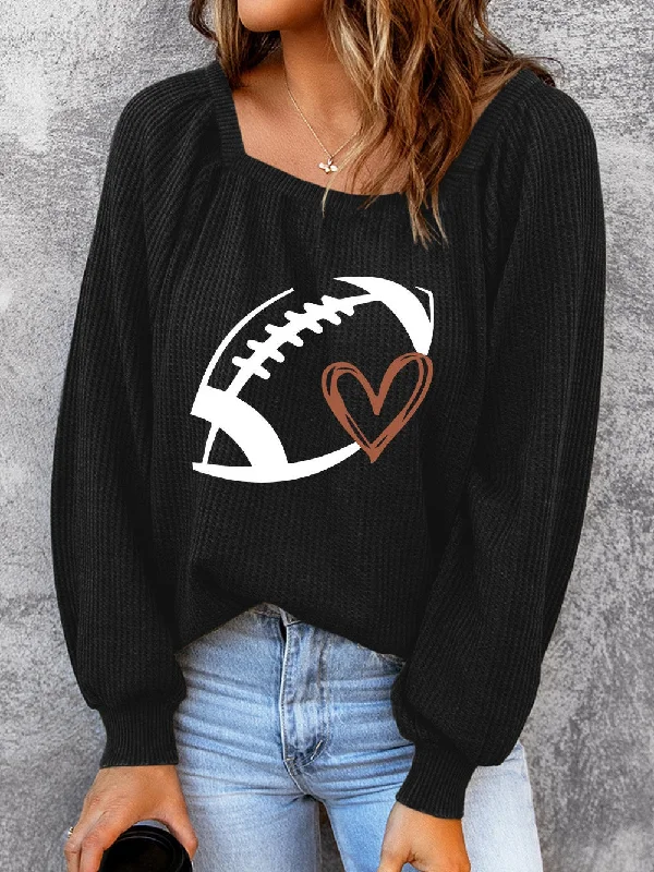 American Football and Heart Graphic Waffle Knit Sweater Casual Formal Business