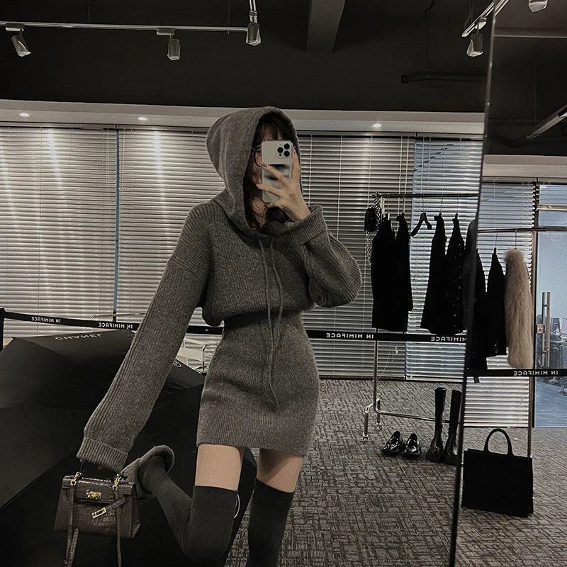 GETADME MEXZT Streetwear Knitted Mini Dress Women Hooded Sweater A Line Dresses Winter Korean Solid High Waist Slim Casual Vestidos New Knit Fabric Woven Fabric Fleece Fabric