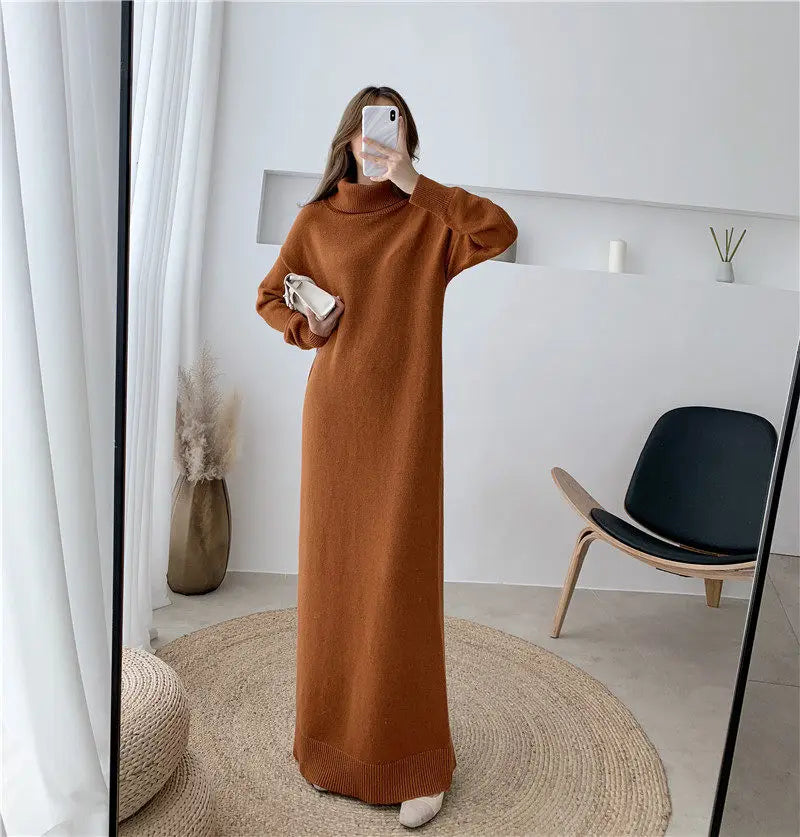 Extra Long Sweater Dress Women Autumn and Winter High-neck Long Sleeve Knitted Bottoming Dress Thick Shirt Femme Robe f2618 Stretchy Elastic Breathable
