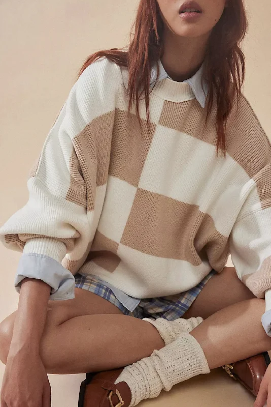 Checkered Side Slits Drop Shoulder Oversized Sweater Sequined Glittery Shiny